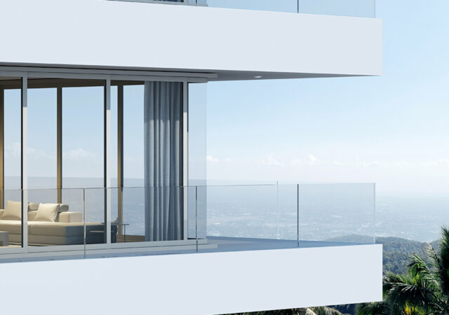 Perspective of high-rise condominium building with mountain and