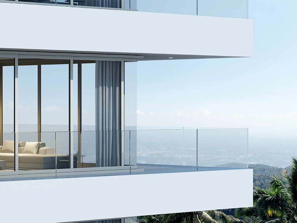 Perspective of high-rise condominium building with mountain and